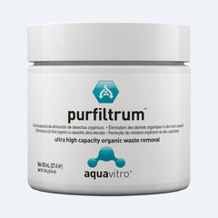 Jar of purfiltrum ultra high capacity organic waste removal by aquavitro on a white background
