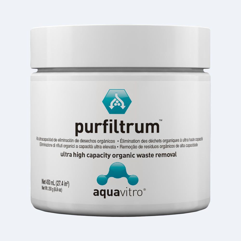 Jar of purfiltrum ultra high capacity organic waste removal by aquavitro on a white background